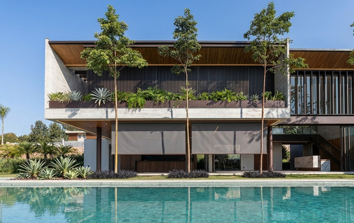Residência contemporânea no Condomínio Fazenda da Grama com toldos cortina sunscreen motorizados