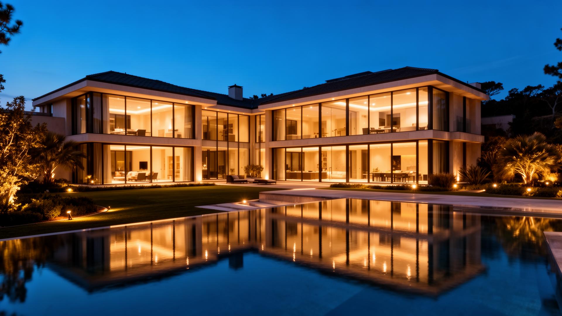 Residência moderna ao entardecer com iluminação cênica