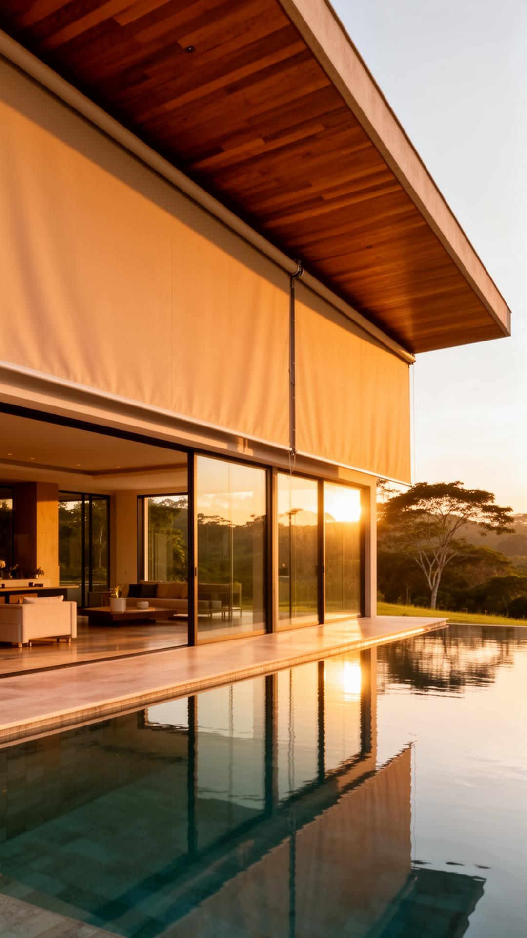 Fachada de vidro com cortina sunscreen ao entardecer