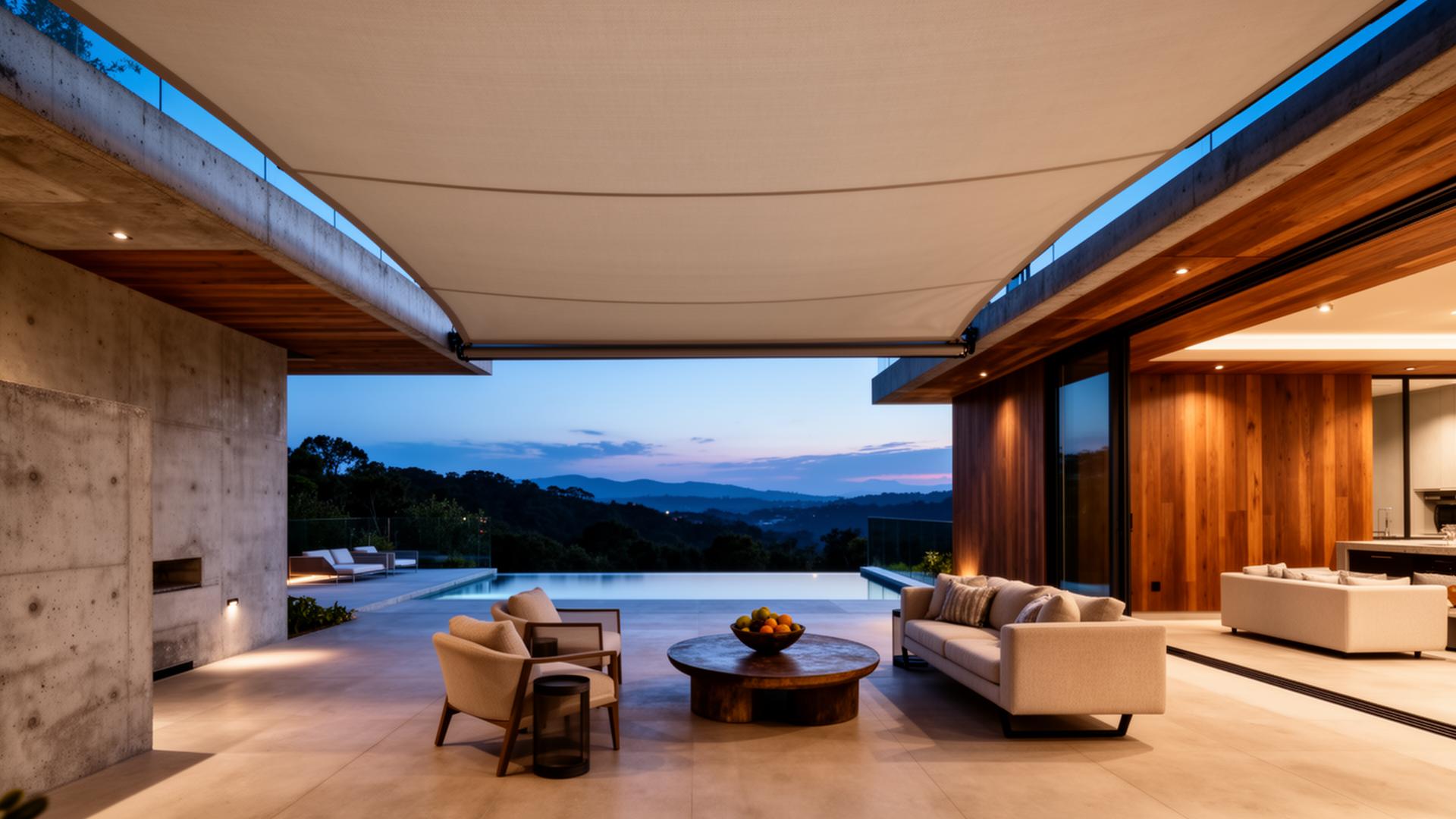 Espaço gourmet com toldo motorizado integrado à arquitetura